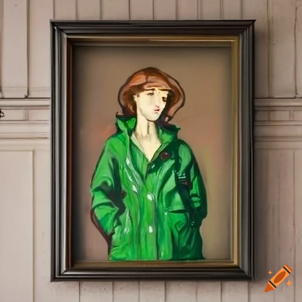 Painting of a woman in green raincoat under a streetlight on Craiyon