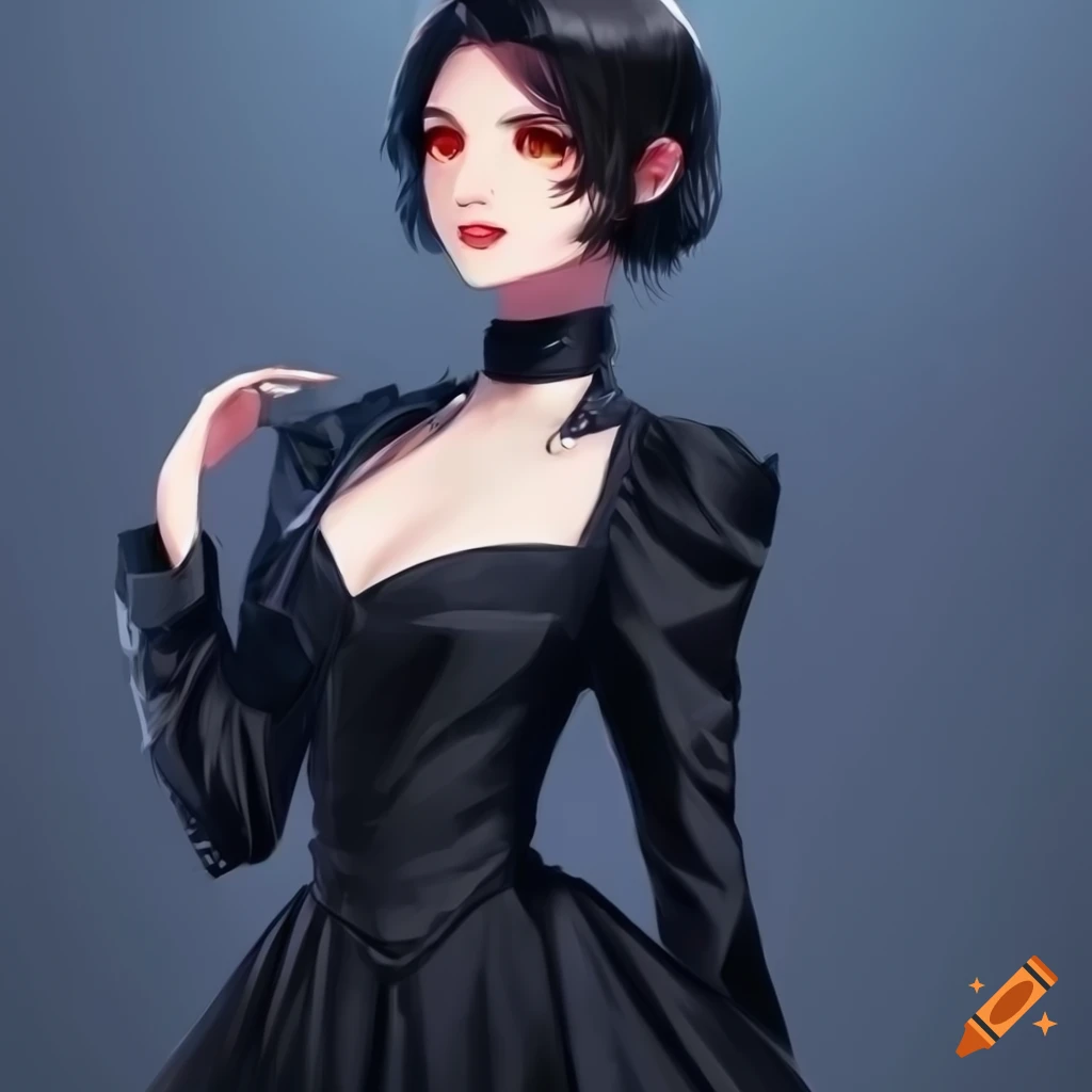 Elegant anime character with short black hair and red eyes