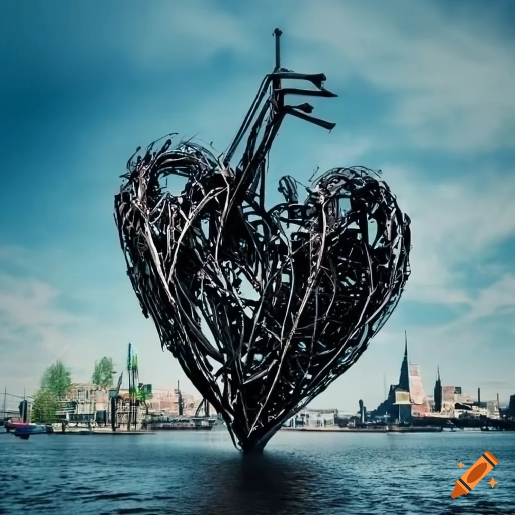 black robotic heart sculpture on a boat in Amsterdam city