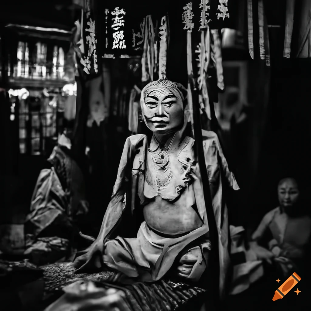 black and white photo of a Chinese shaman temple in Dongmen market