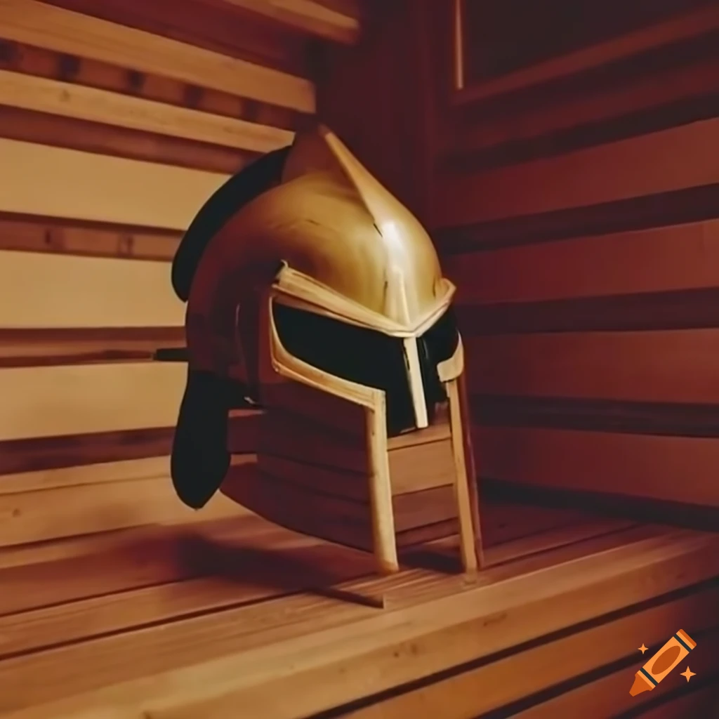 man wearing Spartan helmet in a sauna