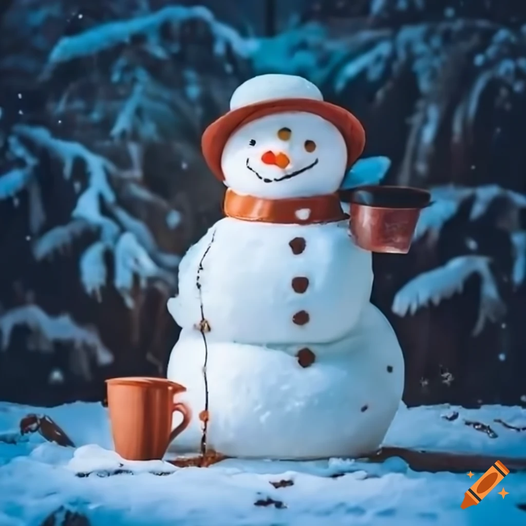 snowman enjoying hot cocoa in a snowy forest