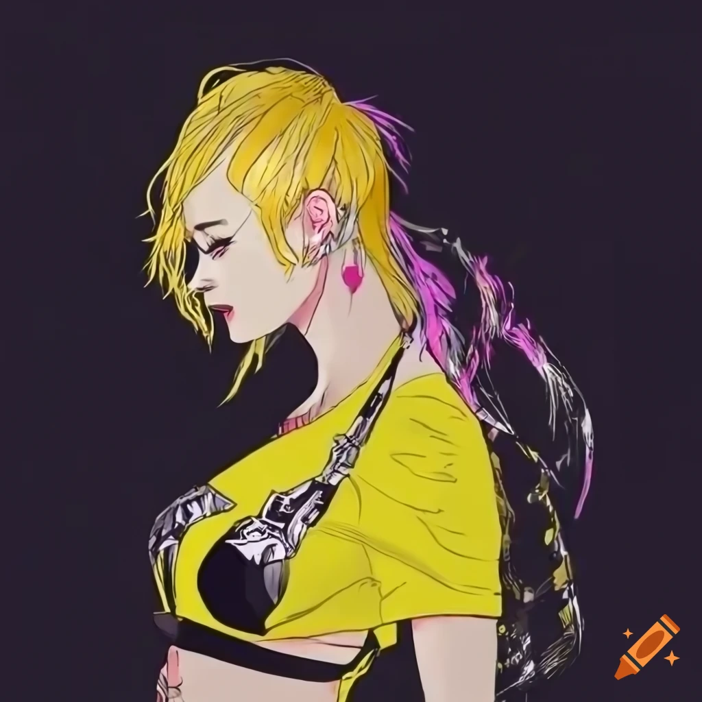 cyberpunk woman with a platinum blonde mullet