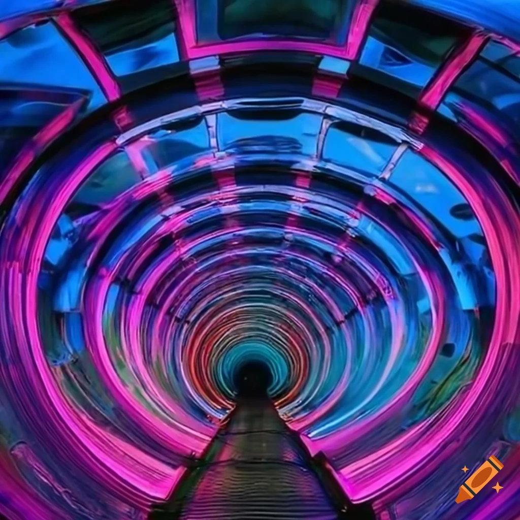 vibrant futuristic tunnel with metal, glass, and water