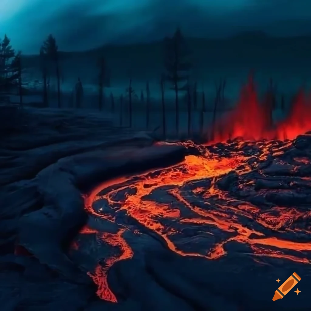 volcanic landscape with lava river and charred trees