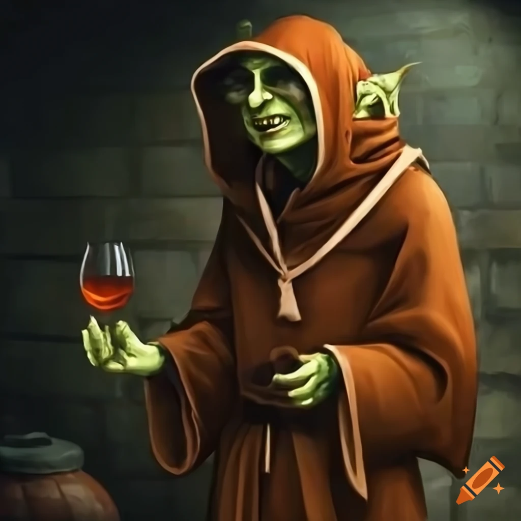 illustration of a goblin in a wine cellar