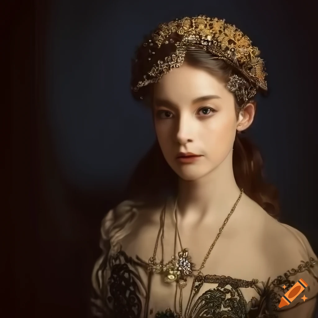 Portrait of a regal queen with intricate embroidery on Craiyon