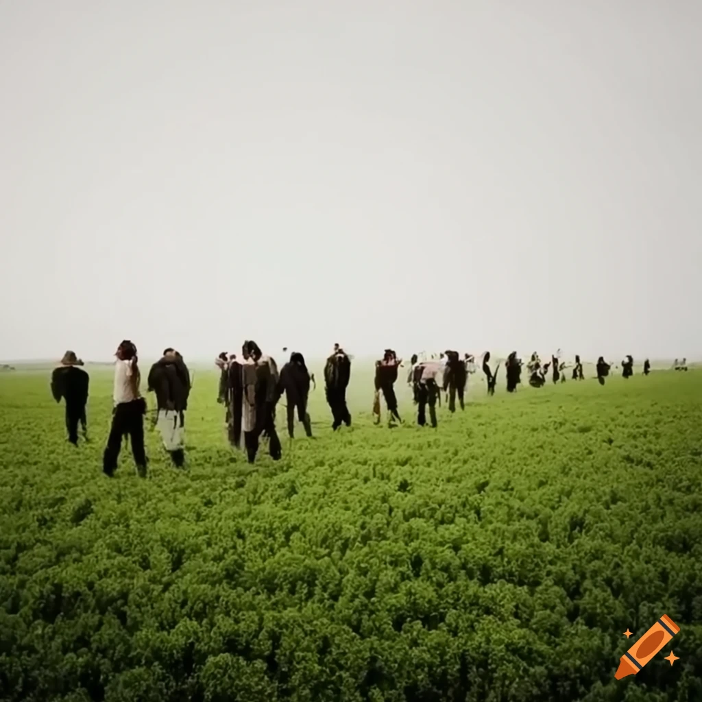 image of people gathered in a field with henges and fences