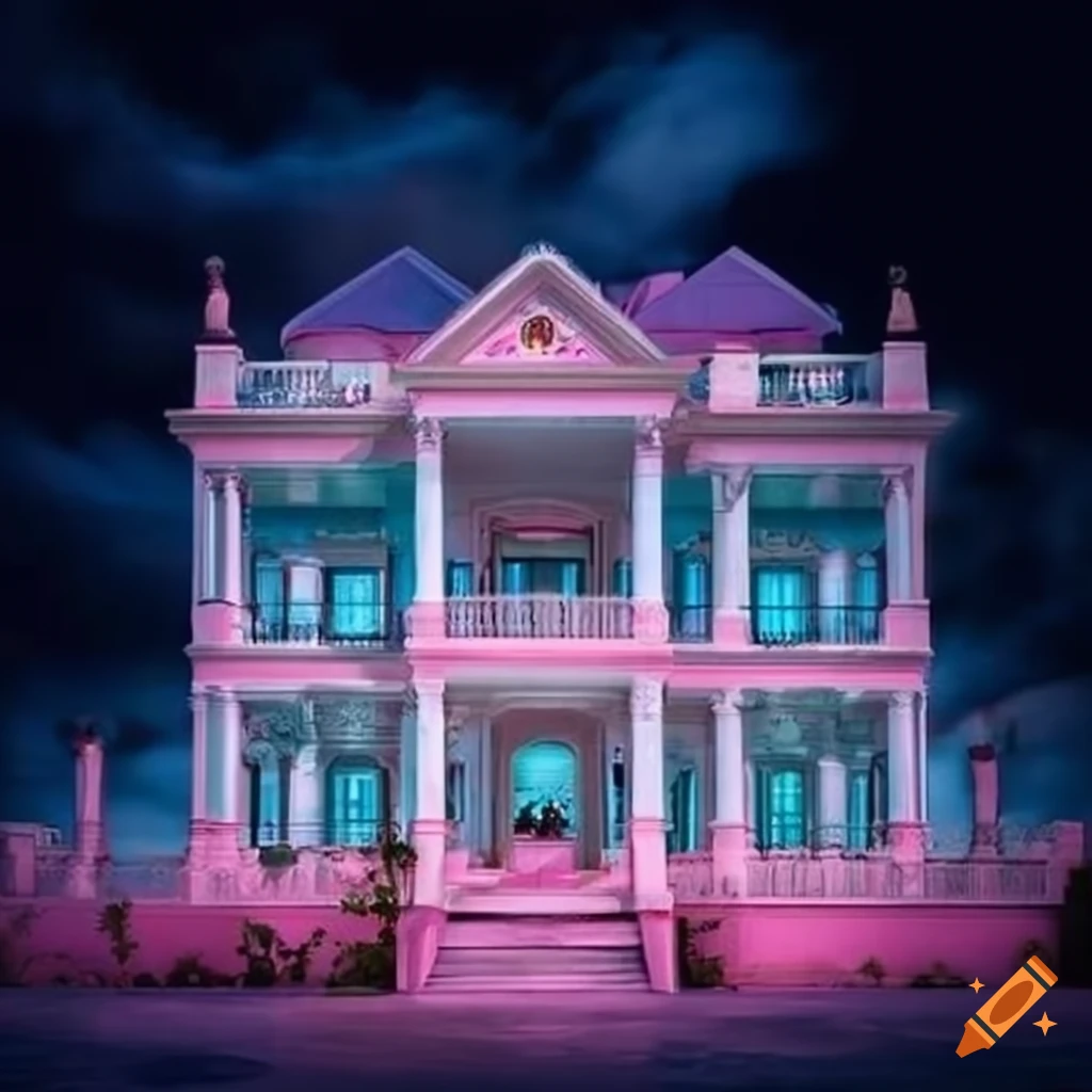 Luxurious haunted mansion with pastel pink and blue color scheme on Craiyon