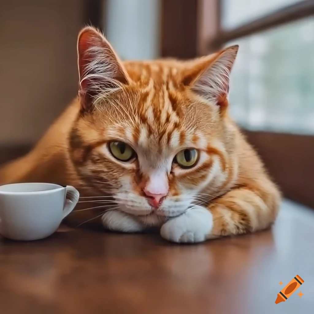 Cute ginger cat eyeing a cup of coffee