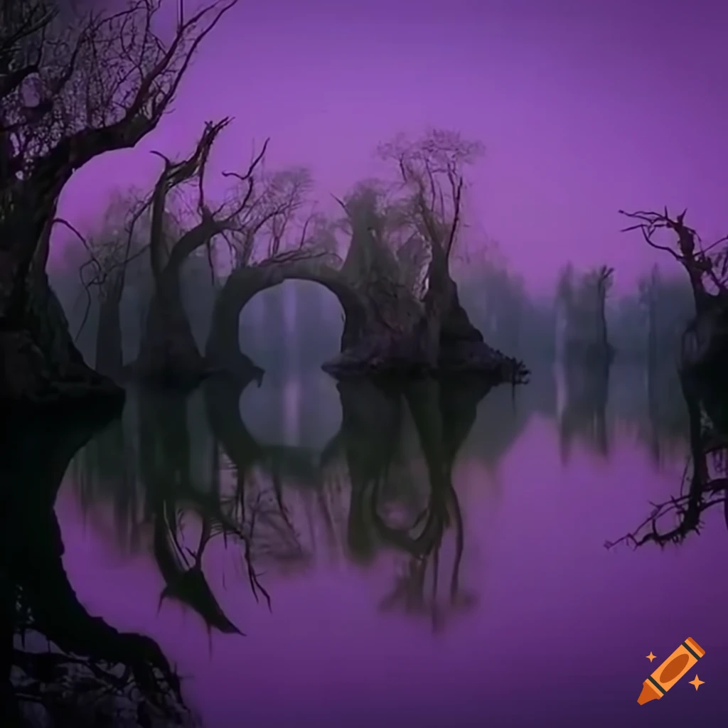 scene from a fantasy movie in a purple flooded forest
