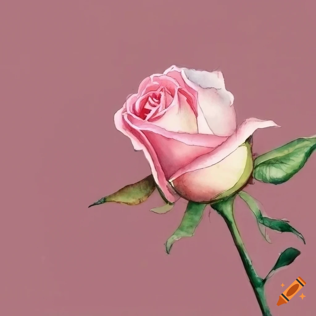 watercolor painting of a pink rose on a long stem
