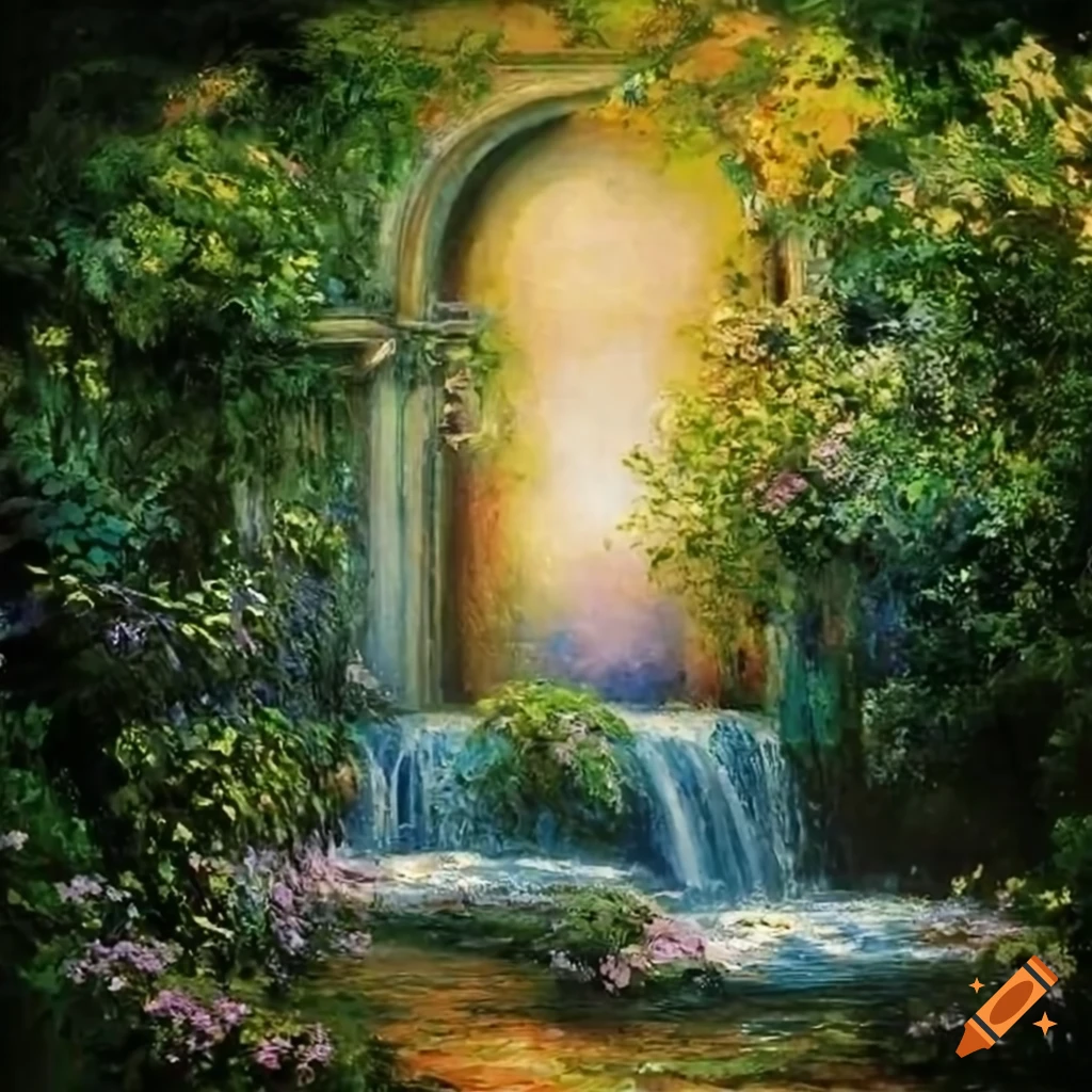 painting of a Victorian garden with a balcony overlooking a pond and waterfall