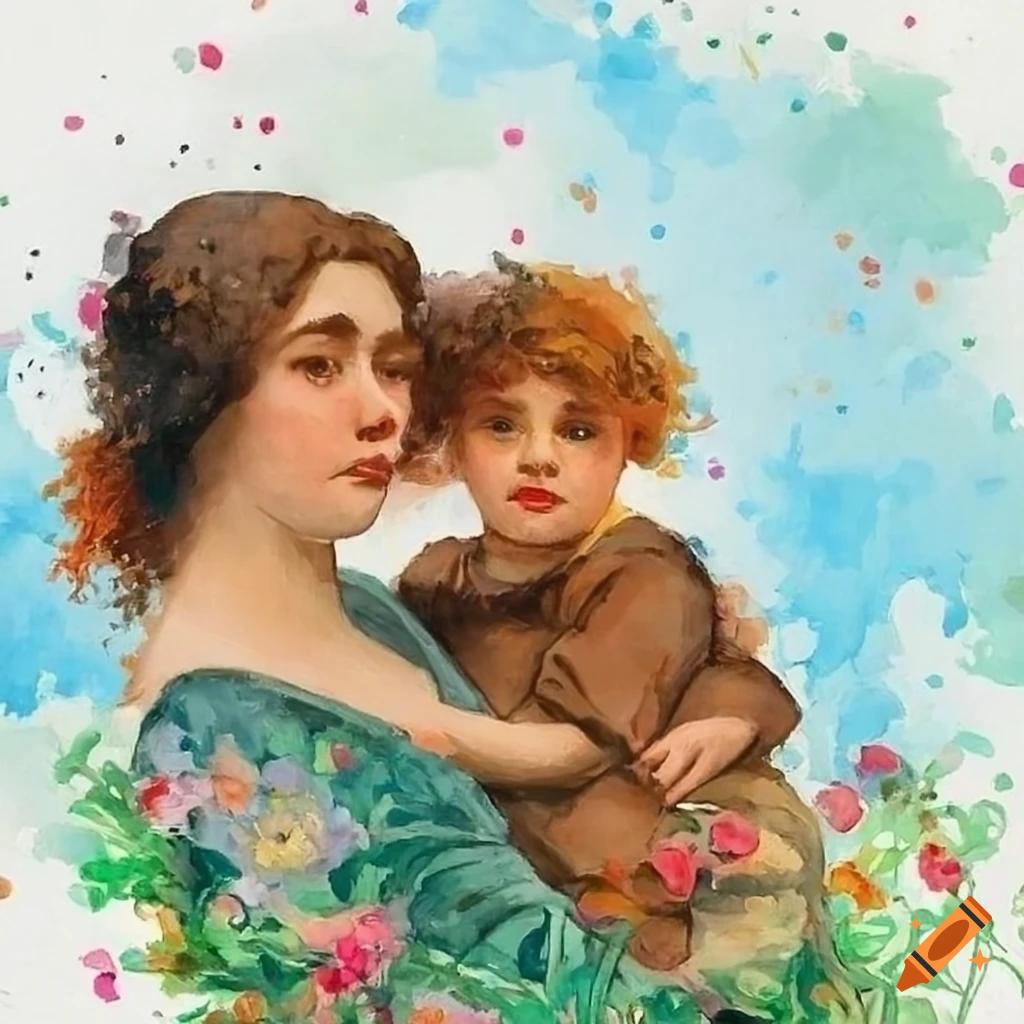 oil painting of a mother and child by the river