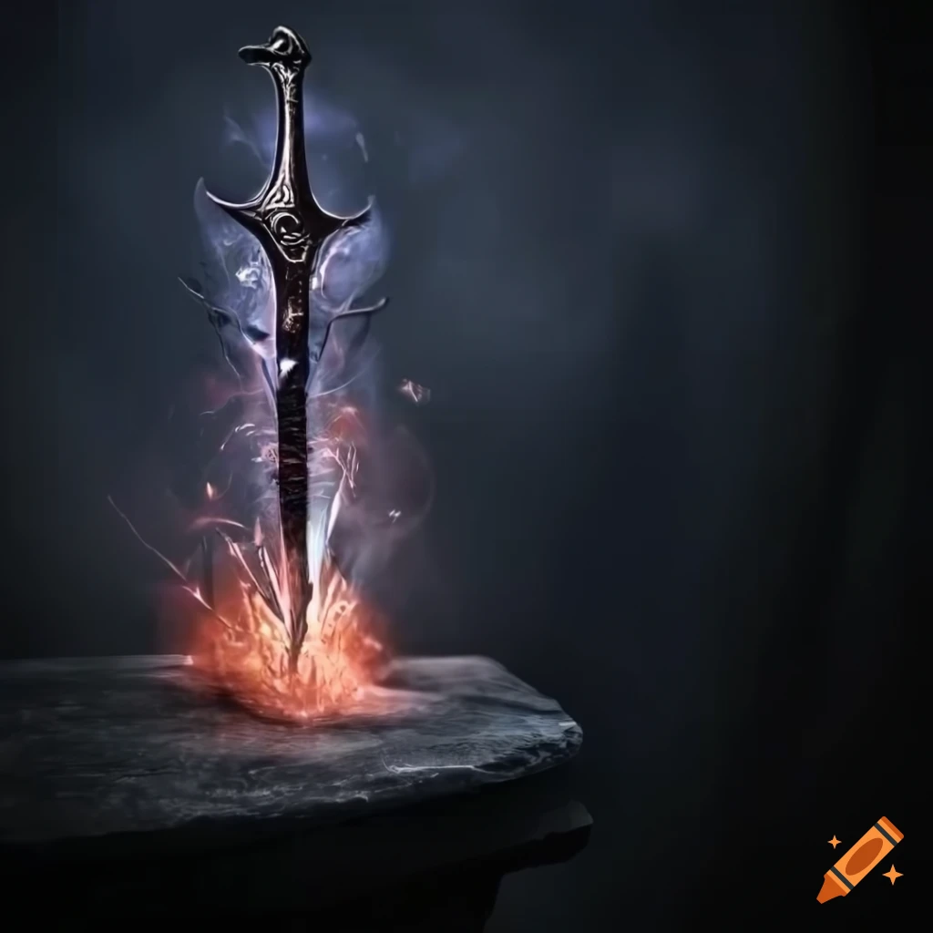 Broken iron sword in a fiery cave on Craiyon