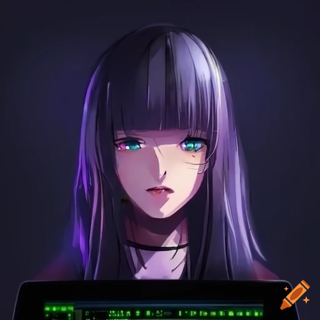 Anime girl using music-tracker app on a 1-bit monitor