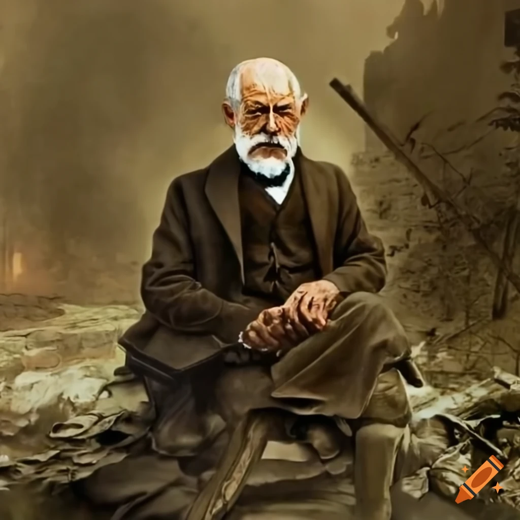 Sigmund freud in the middle of a world war i battlefield on Craiyon