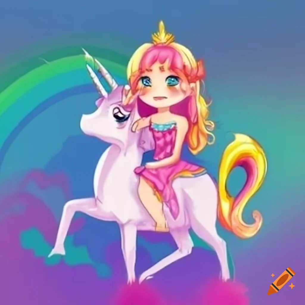 Princess riding a unicorn under a rainbow on Craiyon