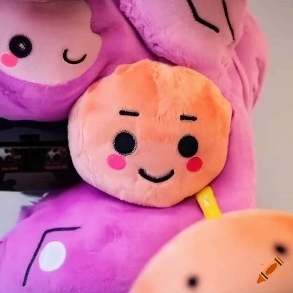 kawaii plush mascot sitting on a display shelf