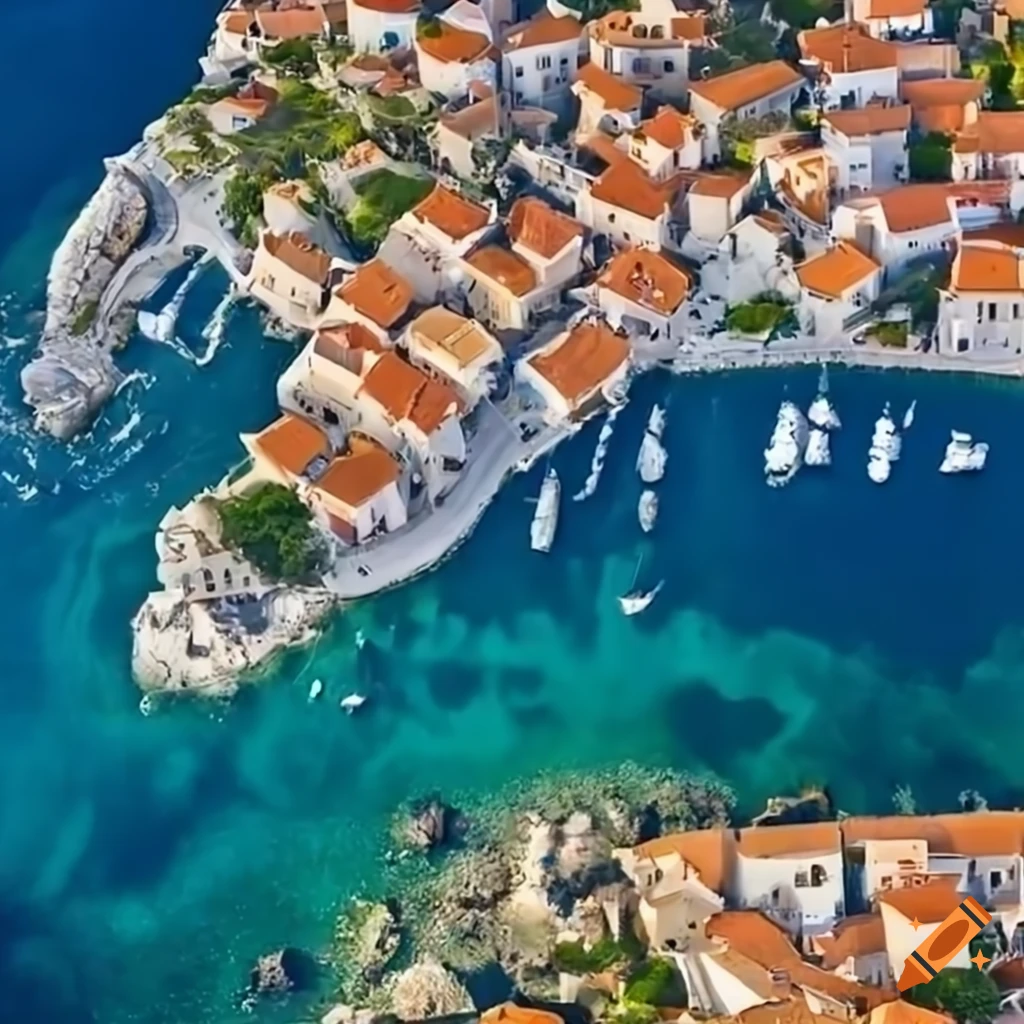 Aerial view of a village by the mediterranean sea on Craiyon