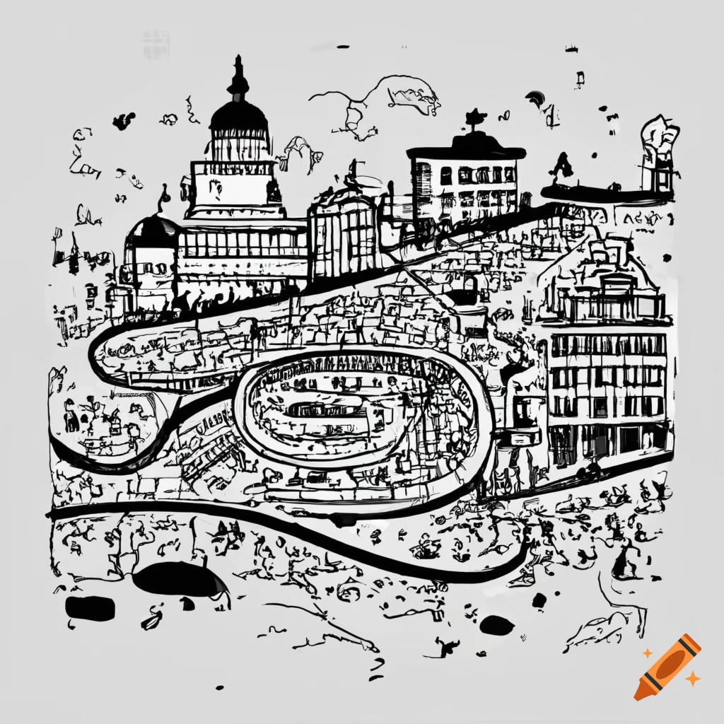 black and white cartoon map of Saint-Petersburg with main attractions