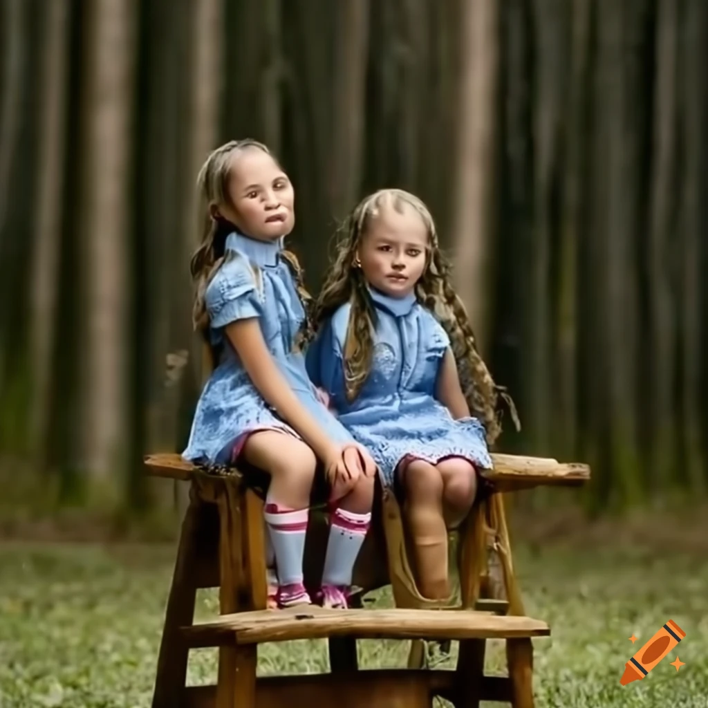 two girls sitting on a wooden chair in the forest