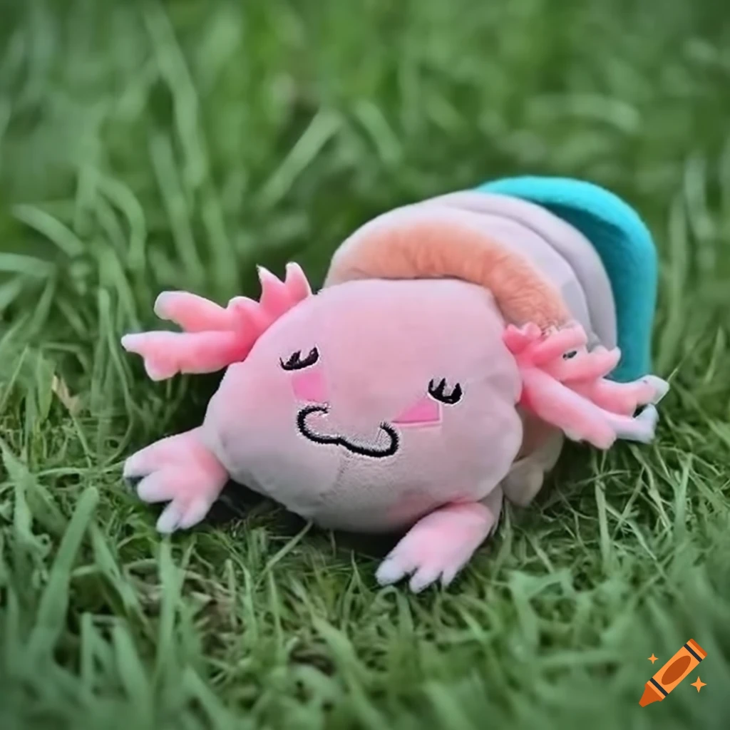 adorable plush axolotl sitting on grass