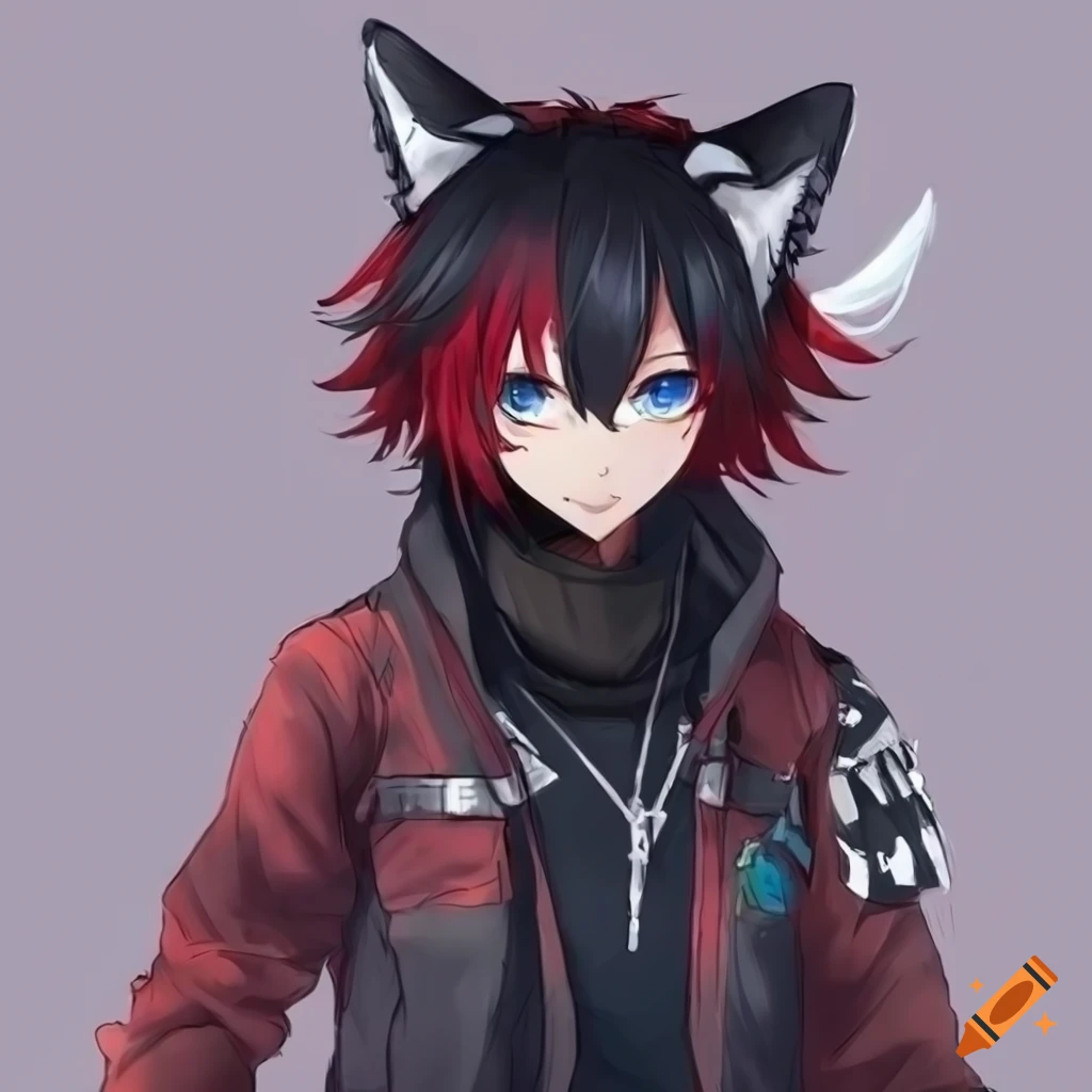 Cyberpunk anime character with red hair and cat ears