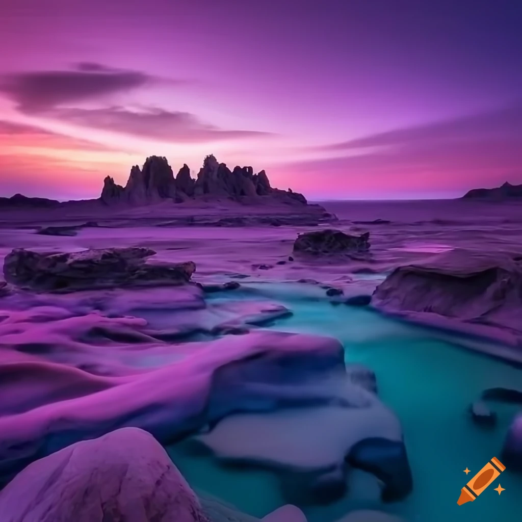 purple desert landscape with blue stone tufas and crystal clear rivers