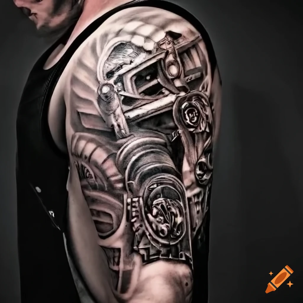 Mechanical-themed full sleeve tattoo on Craiyon