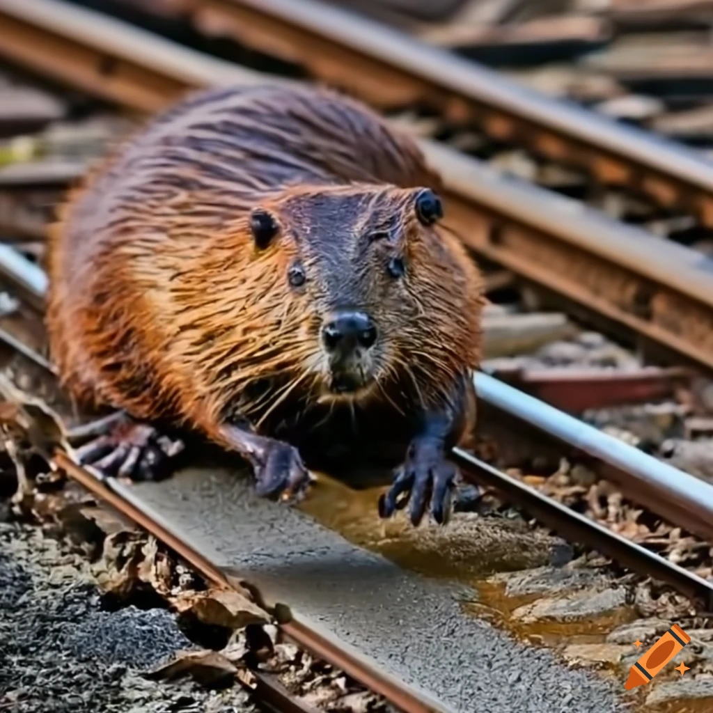 beaver running along railway track