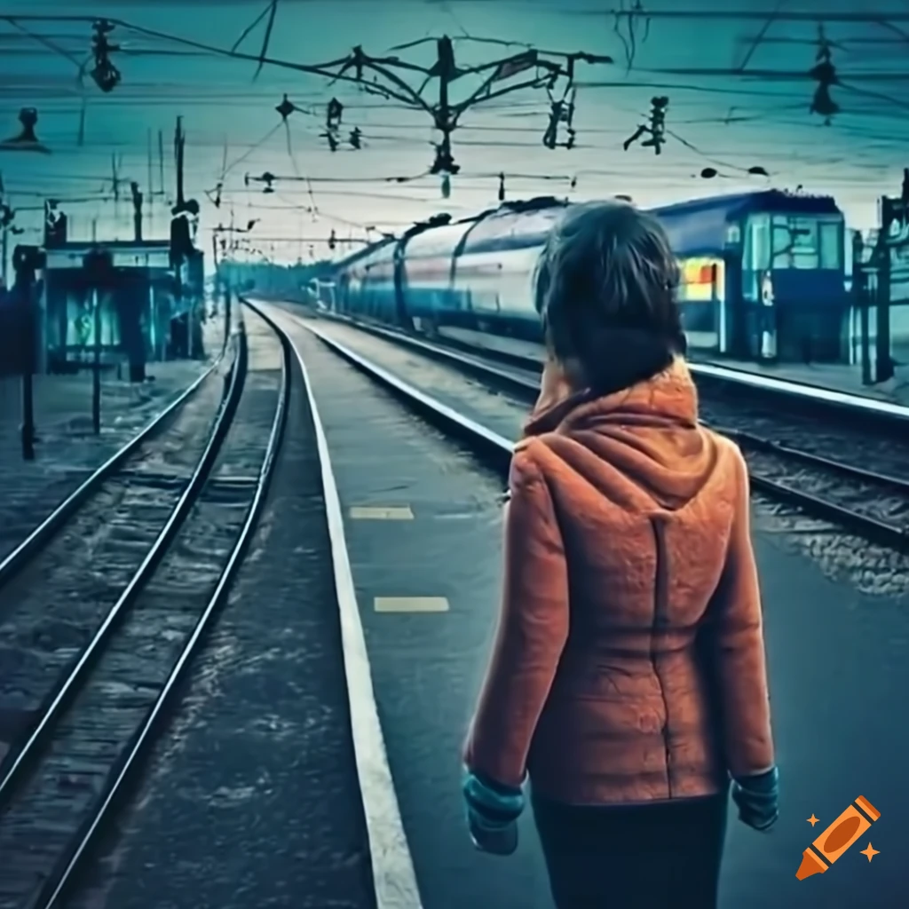 rear view of a 55 year old woman at a train station