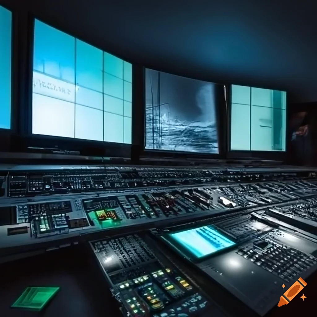 A control room with monitors and equipment