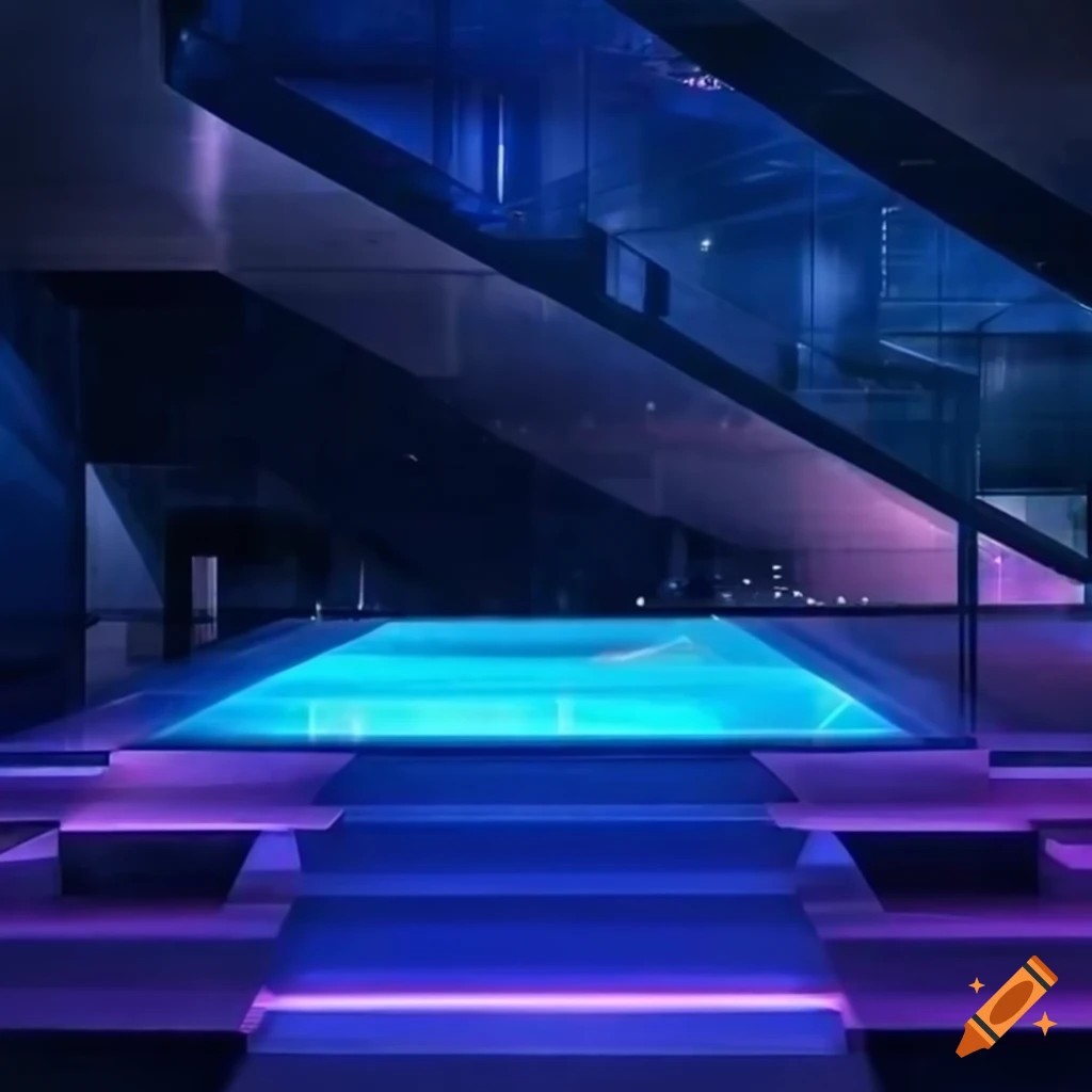 Futuristic spaceship with a pool and floating glass staircases