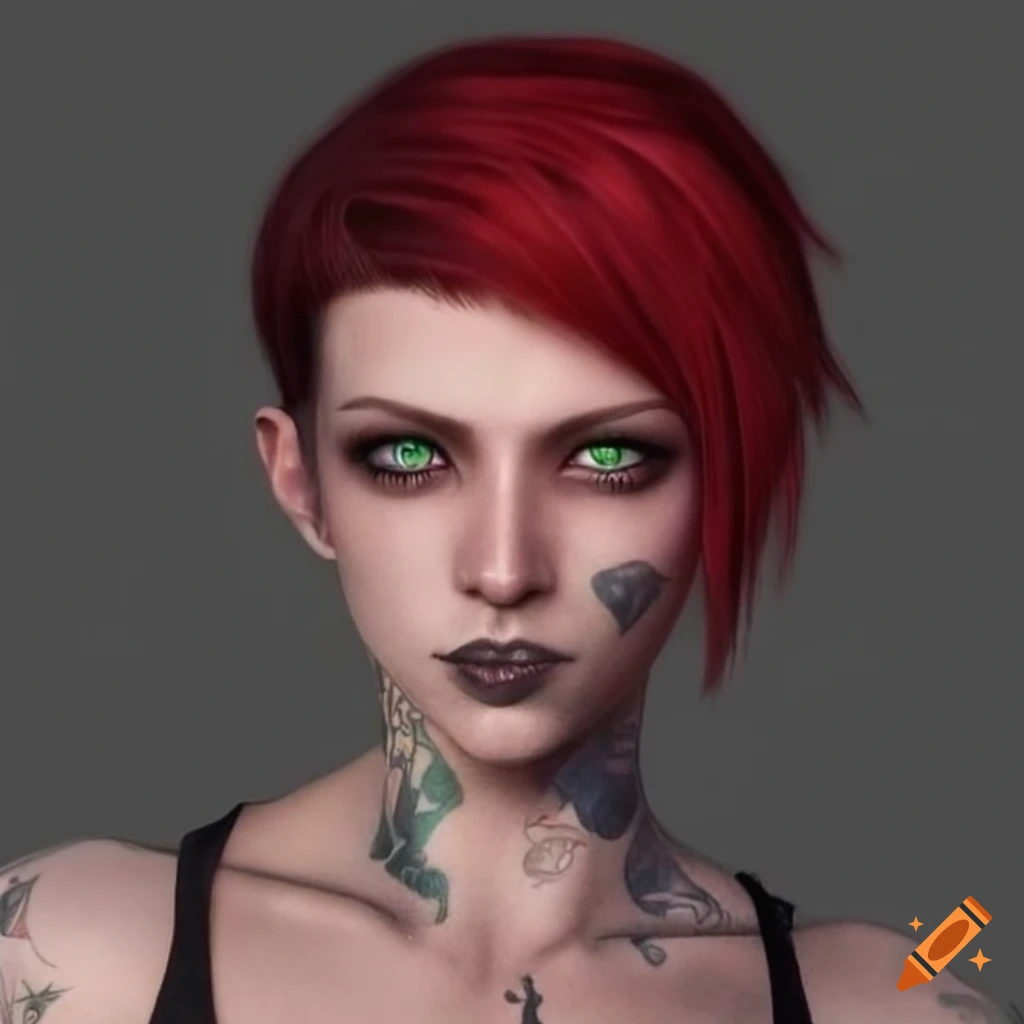 art of a muscular female with red hair and tattoos