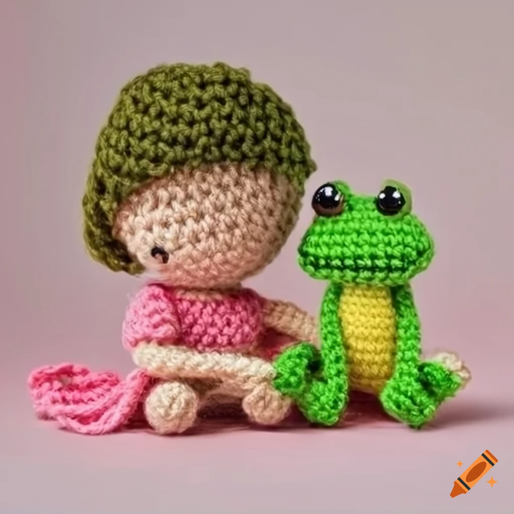 amigurumi of a frog and girl sitting together