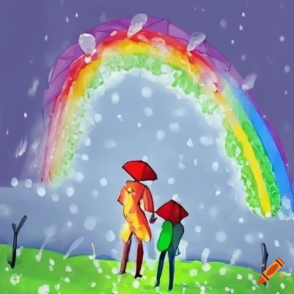 illustration of a hailstorm with rainbow and people with umbrellas