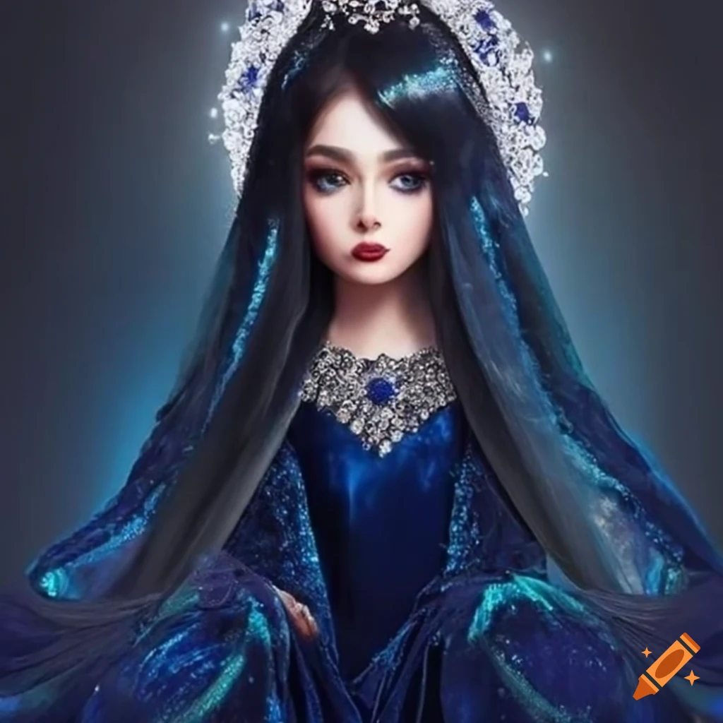 Ethereal princess in a dark blue sequin velvet dress with silver ...