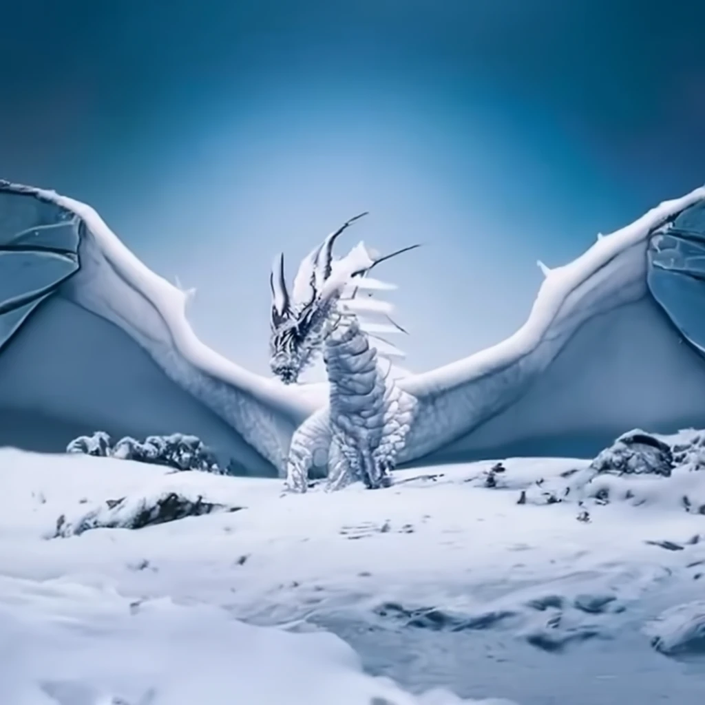 Snowy landscape with a majestic white dragon on Craiyon