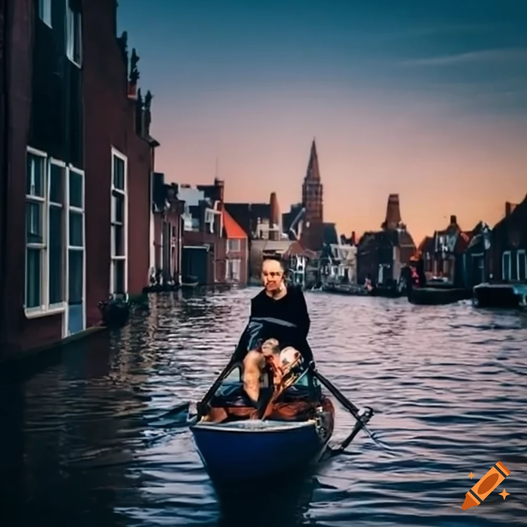 man rowing across flooded Delft