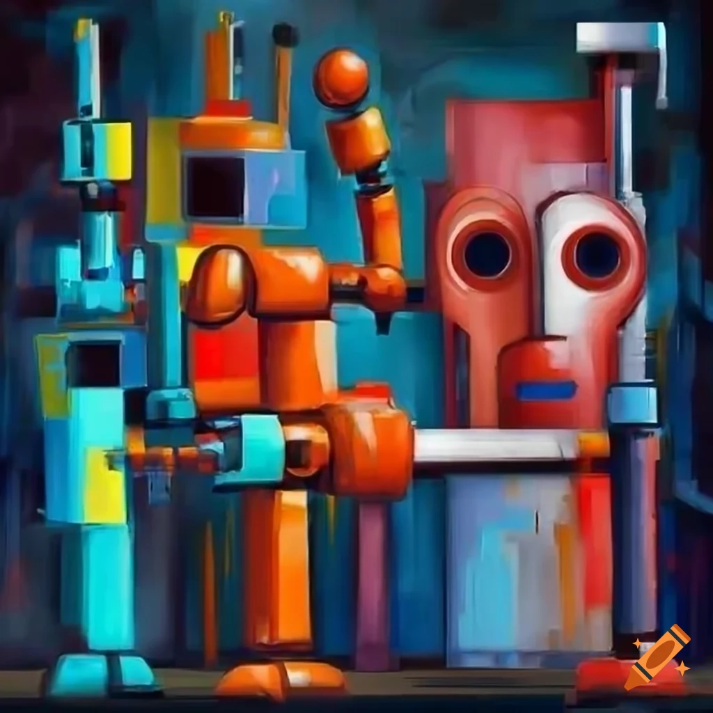 abstract painting of robots in a large factory