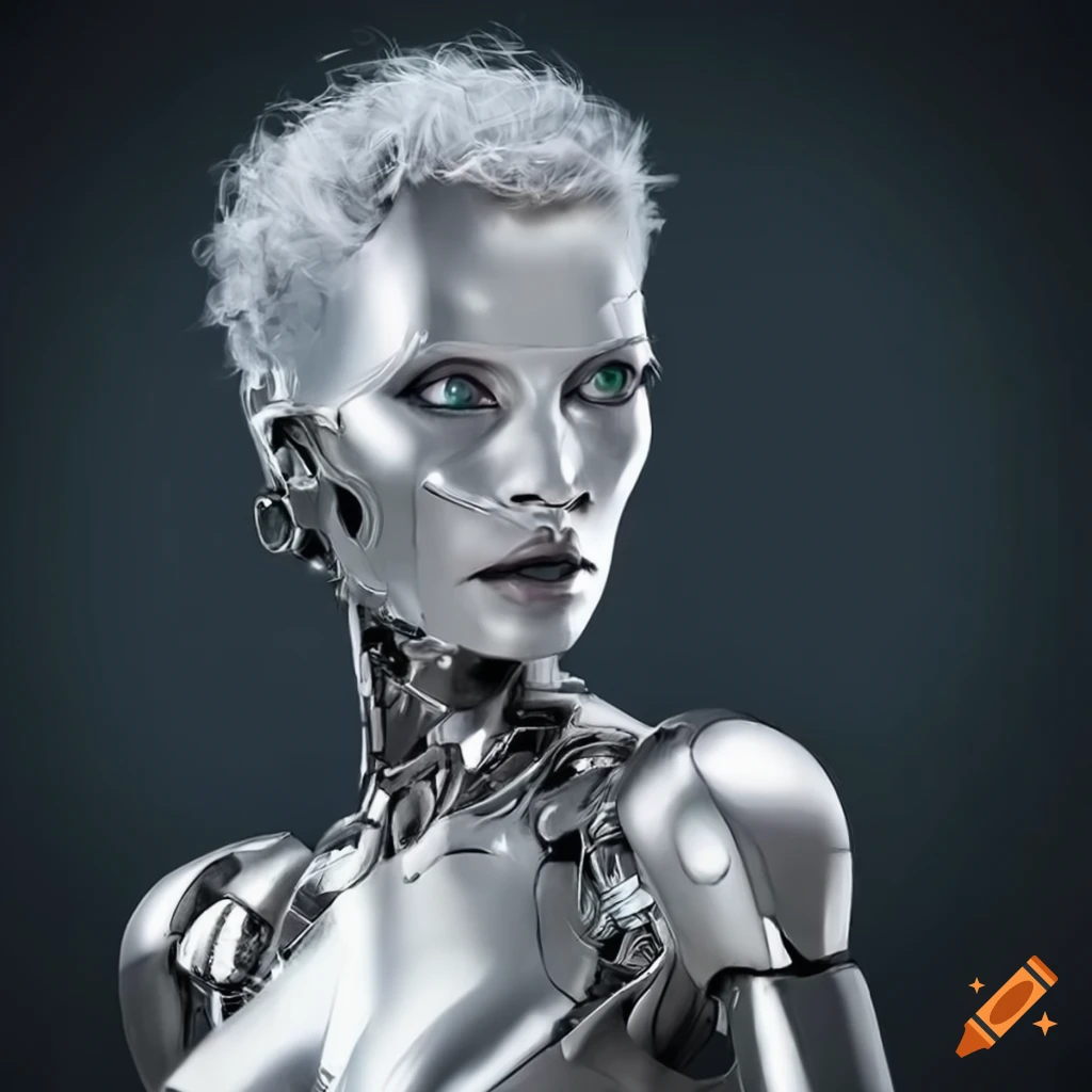 image of silver female robots with silver hair