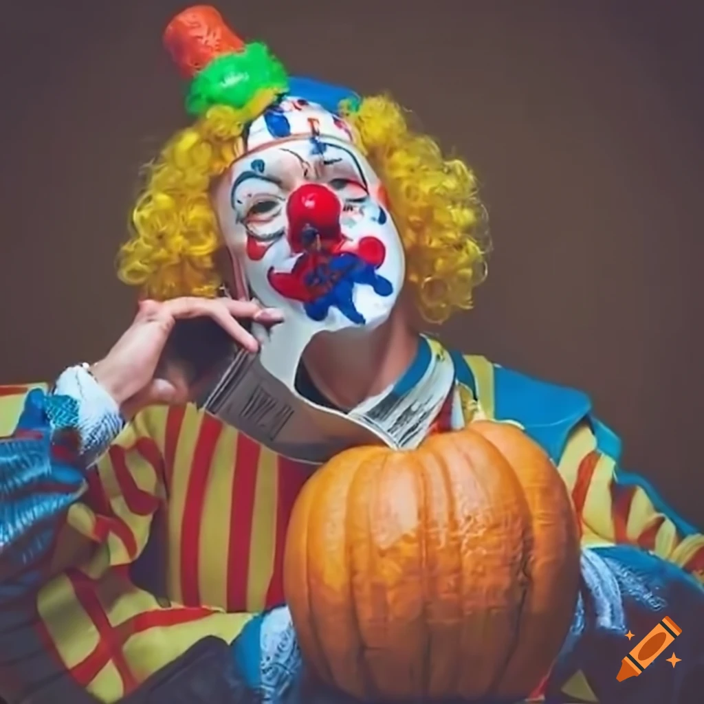 clown talking on the phone with pumpkins