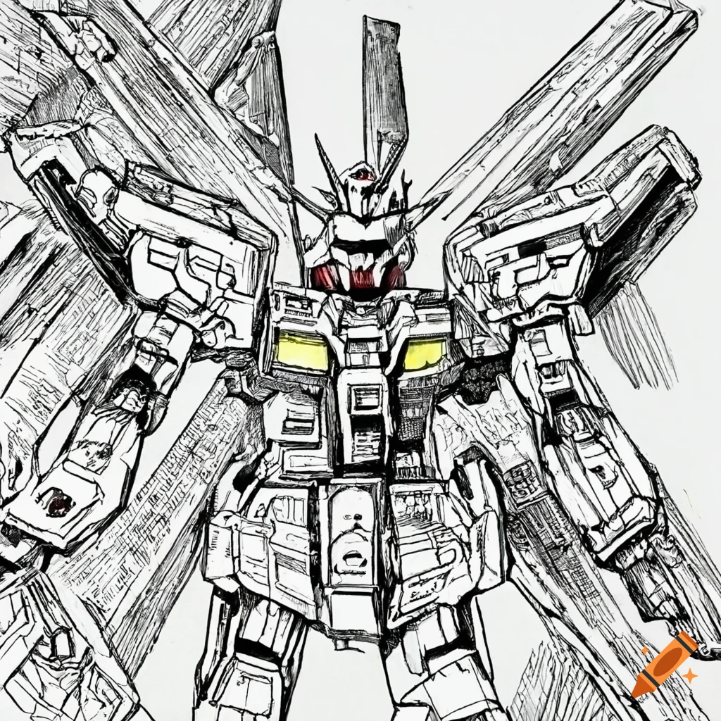 pen and ink illustration of a gundam with weapons