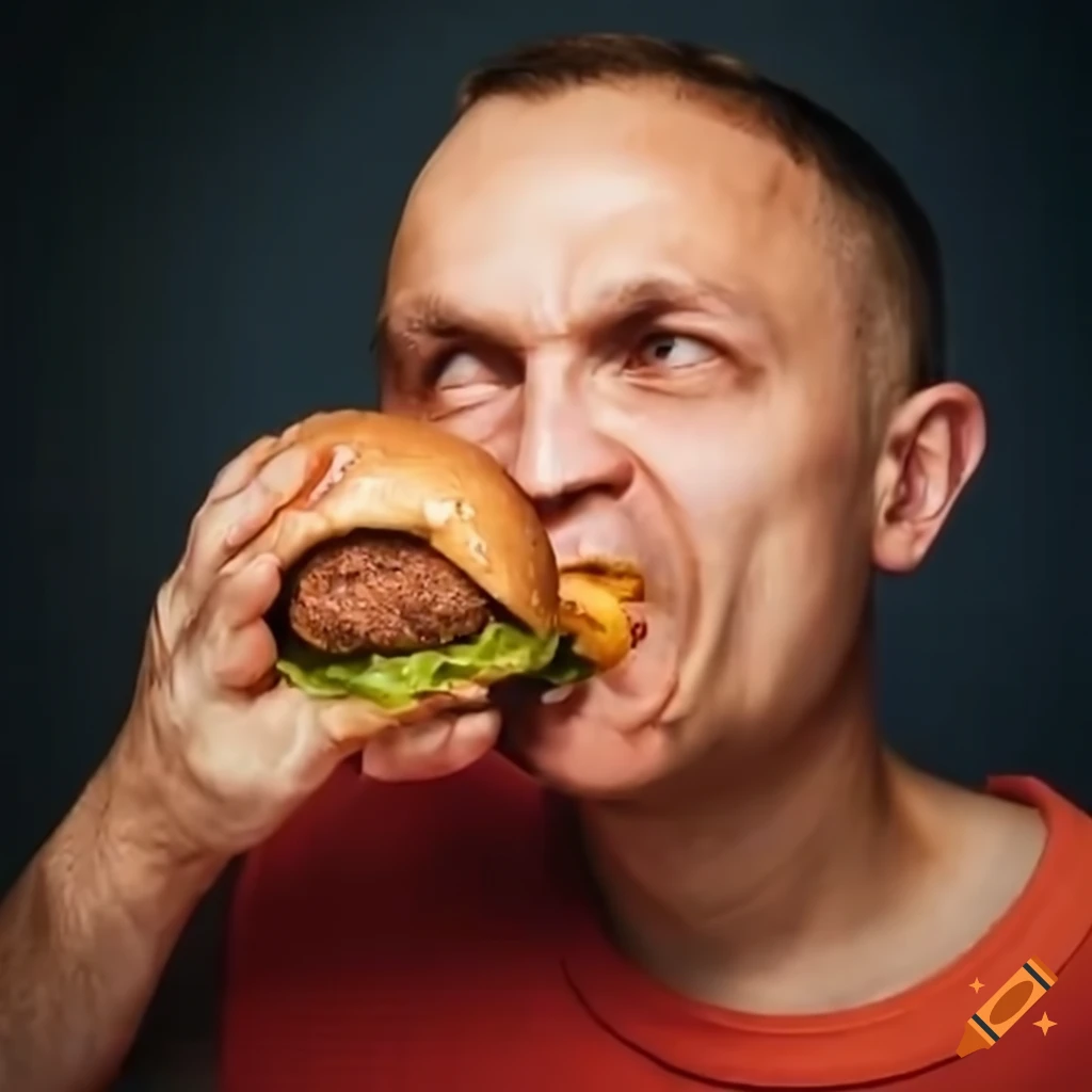 Man enjoying a burger in a fast food restaurant