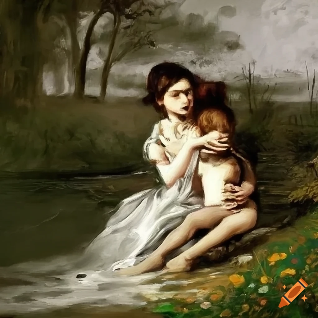 oil painting of a mother and child by the river