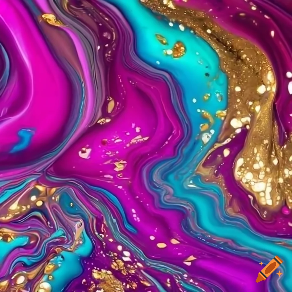 magenta cyan fluid art with gold flakes