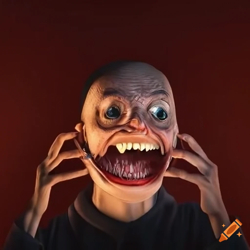 Realistic illustration of a troll face monster crawling on a ceiling