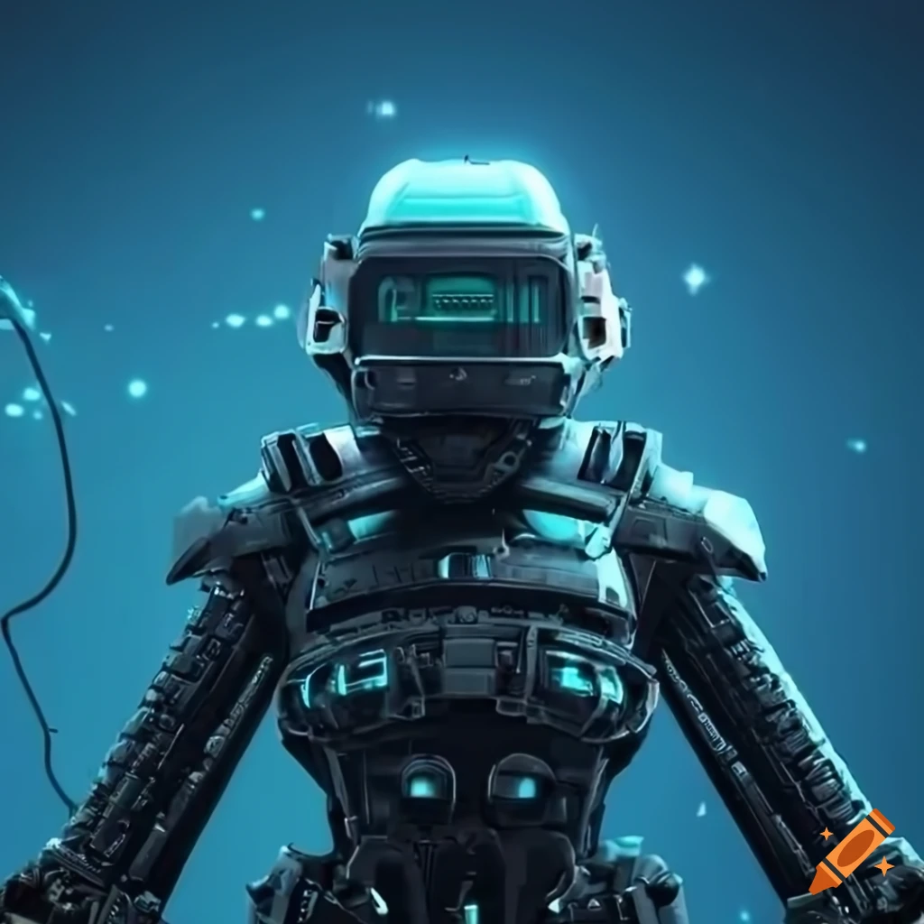 digital art of a bearded man in space armor inside a computer room