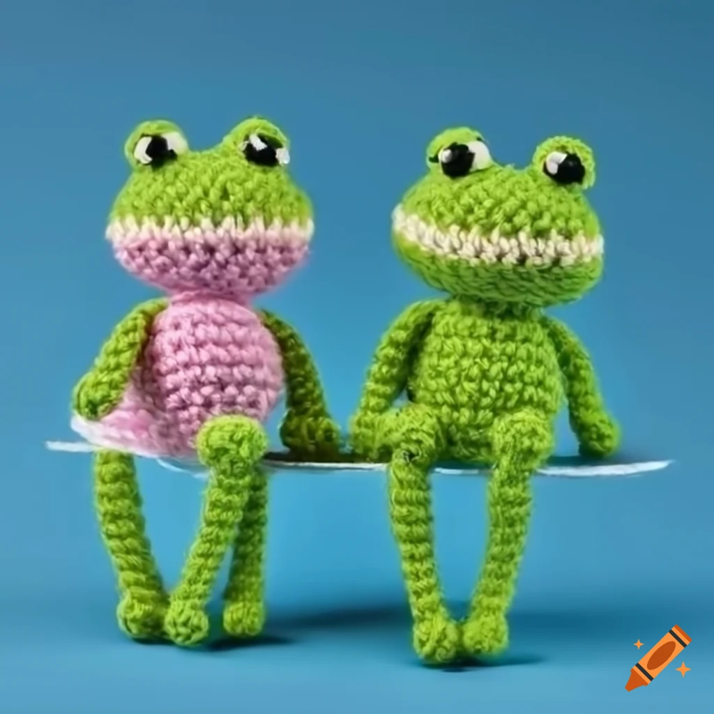 amigurumi frog and girl sitting together on blue background